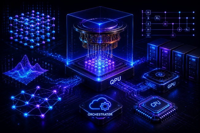 Illustration of a quantum processing unit orchestrating GPU and CPU compute resources